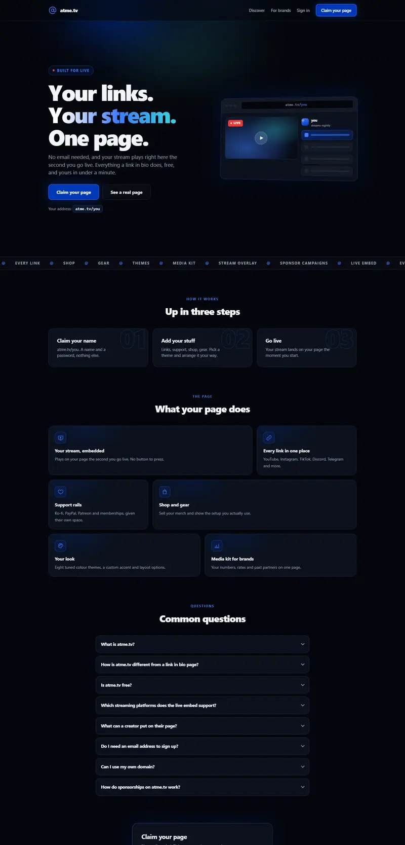 atme.tv, One page per streamer, stream built in